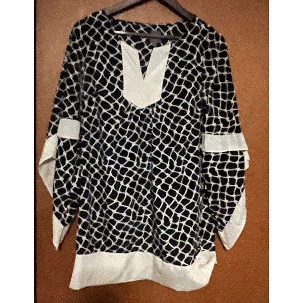 Umgee USA Women Navy Blue Cream Geometric Split V-Neck Tunic Top A7395 Small